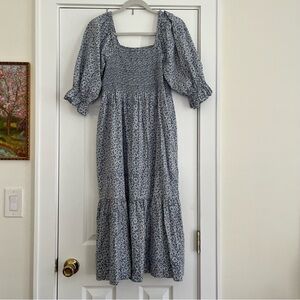 Floral Blue Midi Dress with Puff Sleeves